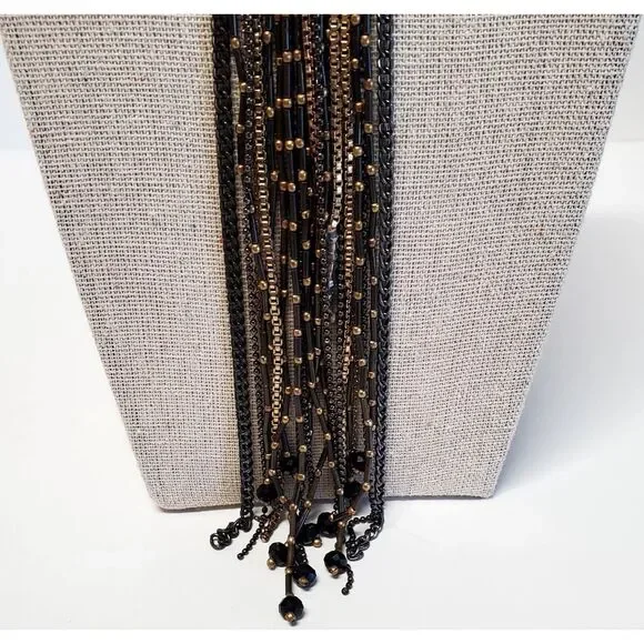 Chico's Miesha Necklace Fringe Bead Silver Gold Beads Collar Statement Y Pendant - Picture 3 of 11